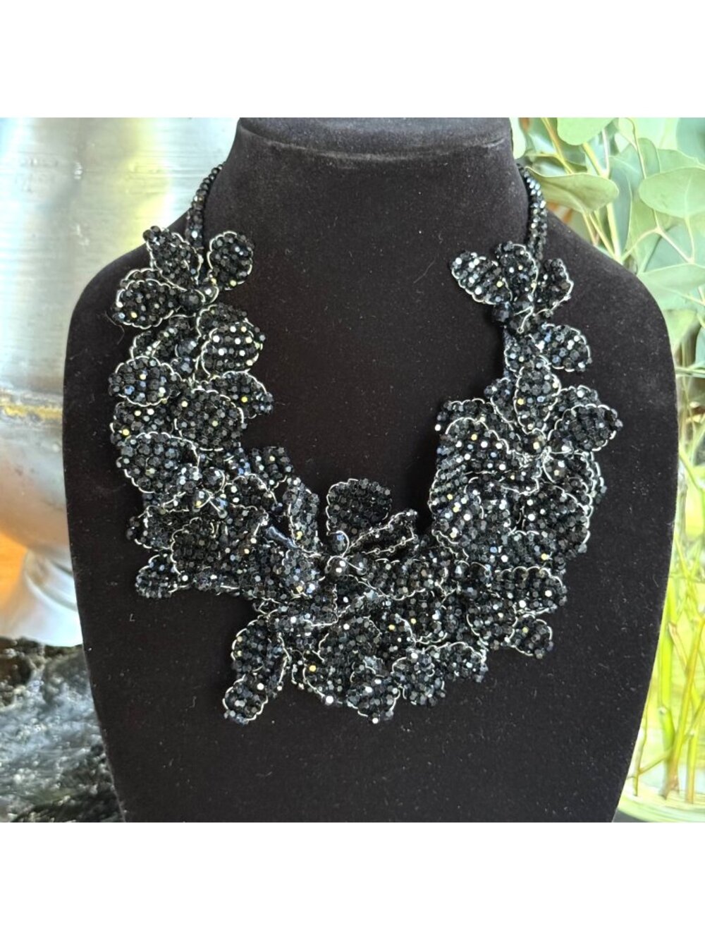 Mourning Jewelry, Modern Handcrafted Black Statement Crystal Beaded Necklace
